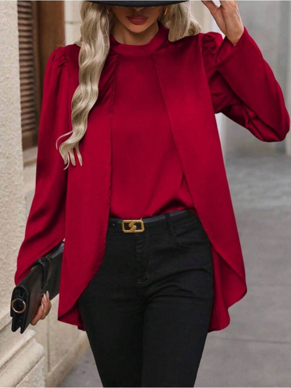 Women's Red Layered Long-Sleeve Blouse